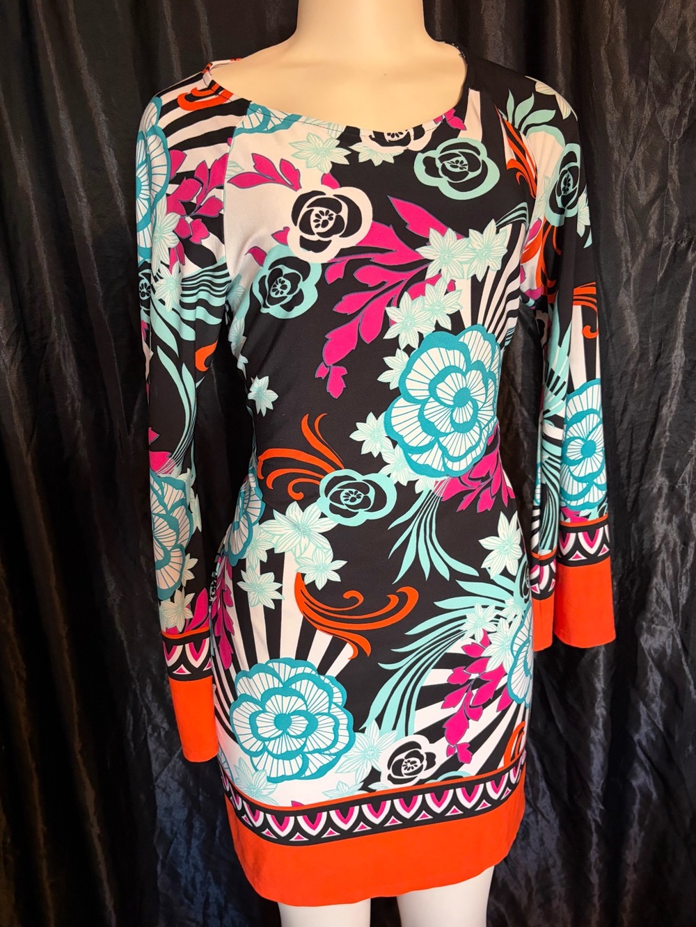 Women’s Floral Print Long Sleeve Shift Dress - Black with Teal & Pink